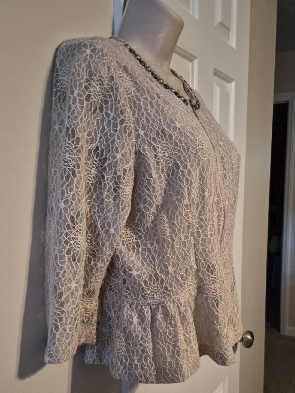 Ruby Rd. Cream Lace Sweater Jacket with Rhinestone Trim - Picture 4 of 8